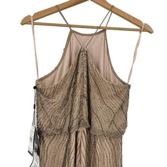 NEW Adrianna Papell Halter Beaded Blouson Goem Maxi Dress Sz 8P Taupe Pink Wavy - Picture 7 of 9